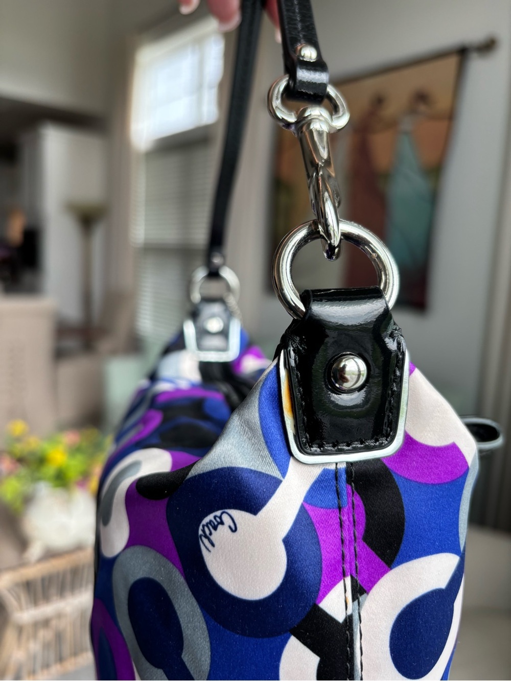 💙🖤💜COACH Alex Op Art Purple Multiprint Wristlet Mini Bag💜🖤💙 - Picture 9 of 13